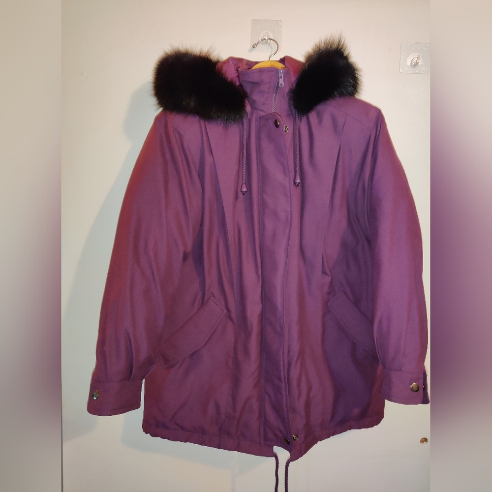 Bromley Sport Jacket Womens Petite S Purple 80% Down Puffer Coat Raccoon Fur